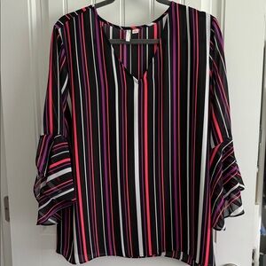 Elegant Striped V-Neck Blouse with Bell Sleeves